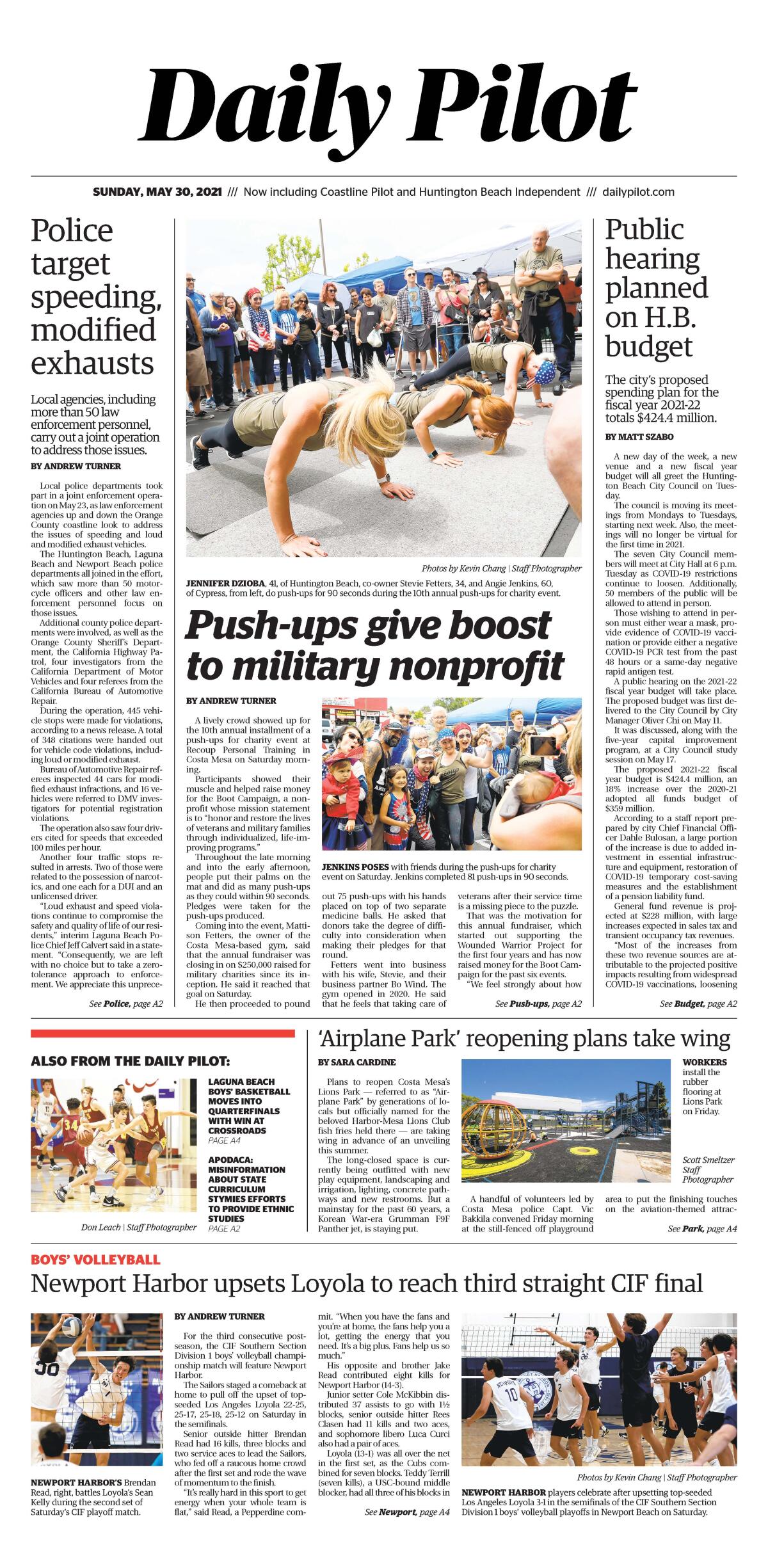 Front page of Daily Pilot e-newspaper for Sunday, May 30, 2021.