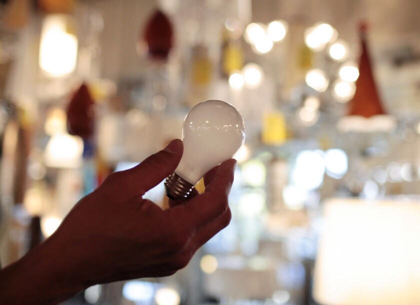 Hand holding an incandescent light bulb.