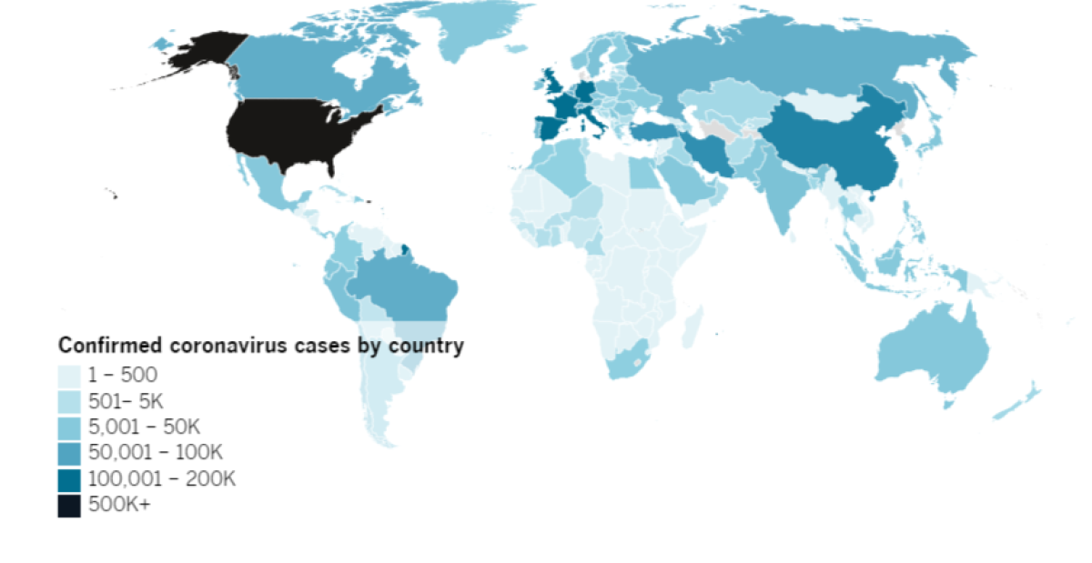 Confirmed COVID-19 cases by country as of 4:30 p.m. PDT Thursday, April 16. Click to see the map from Johns Hopkins CSSE.