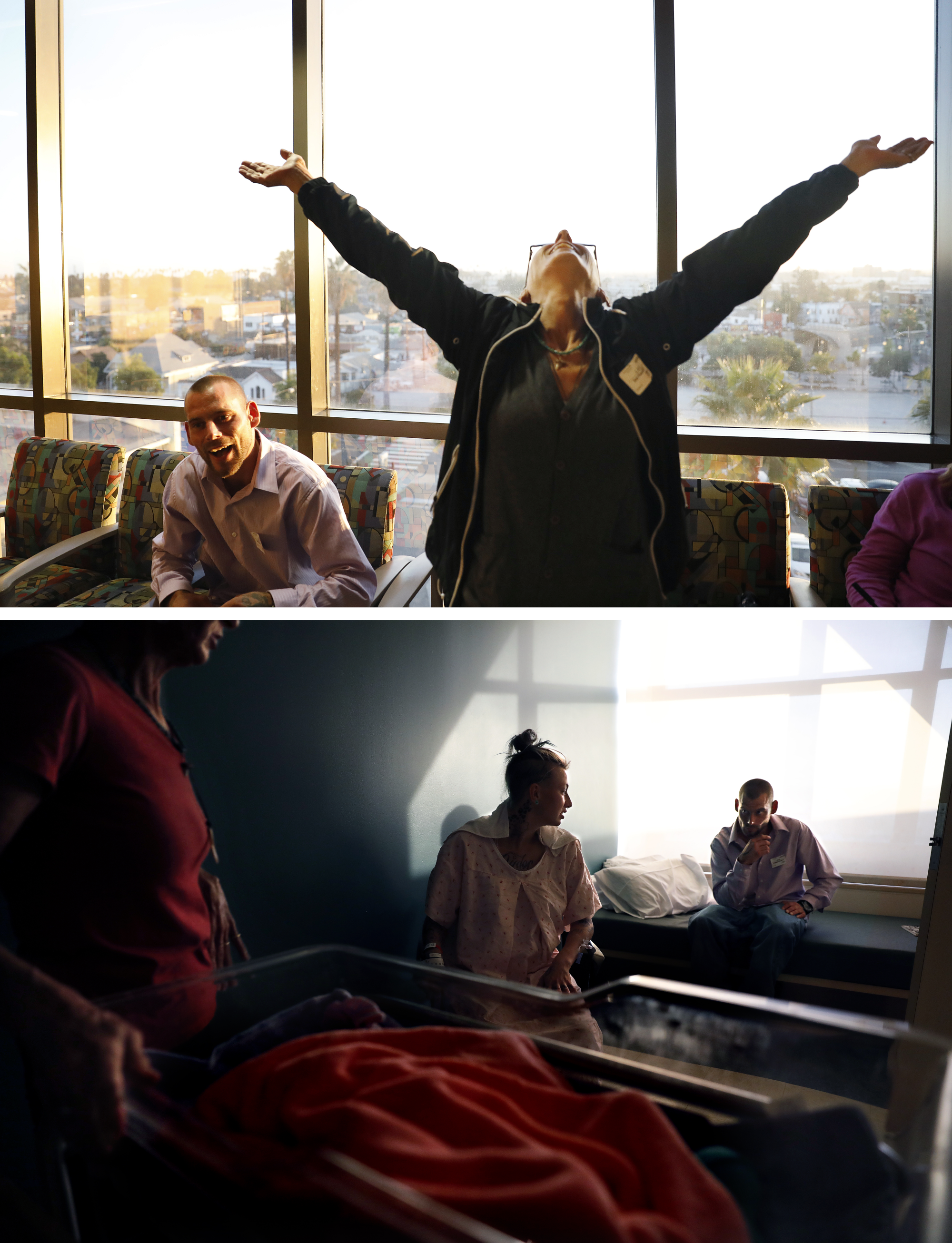 Two photos. A woman with arms outstretched in joy. Two women and one man talk around a baby in a hospital carrier