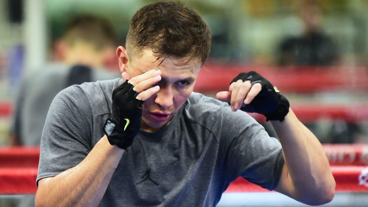 Gennady Golovkin shadow boxes during a media workout on March 20 in Big Bear.
