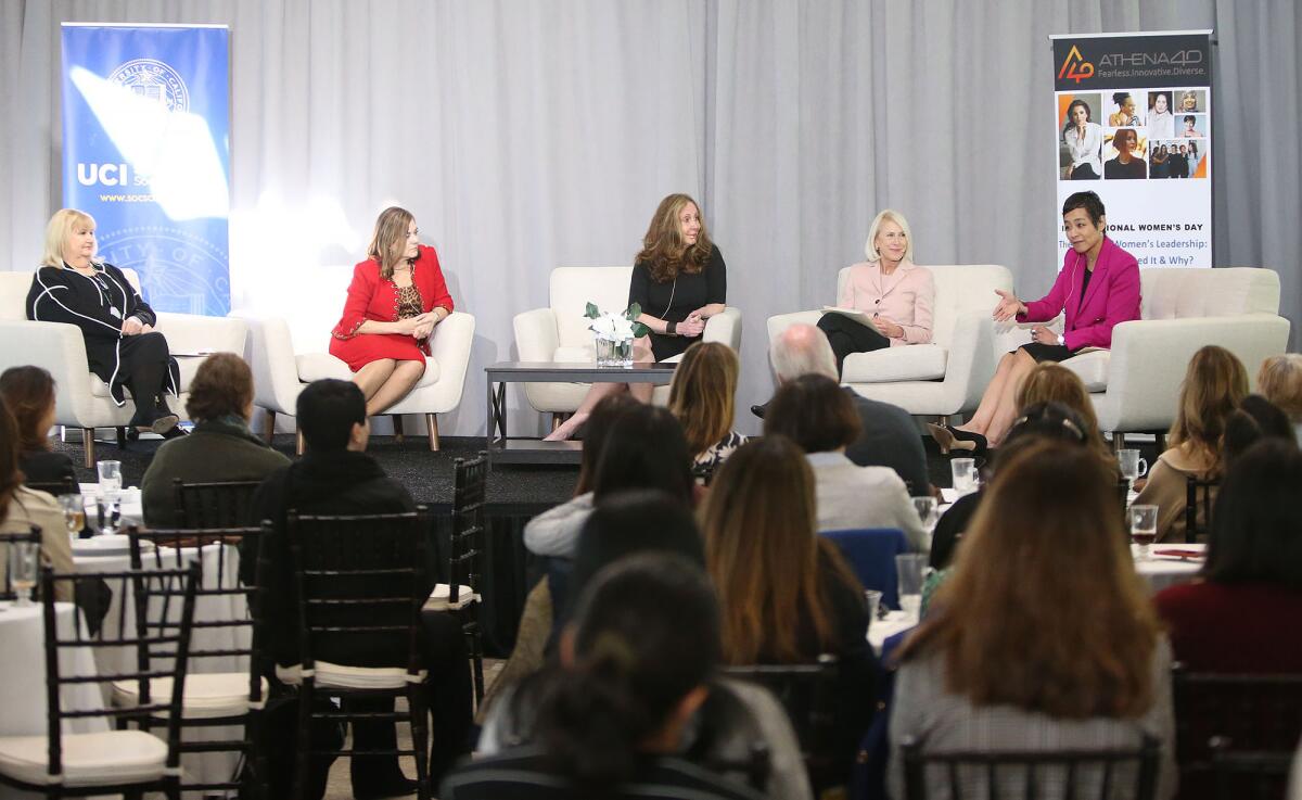 Panelists gather at UC Irvine on Monday during the second annual Athena40 Global Conversation on female leadership.