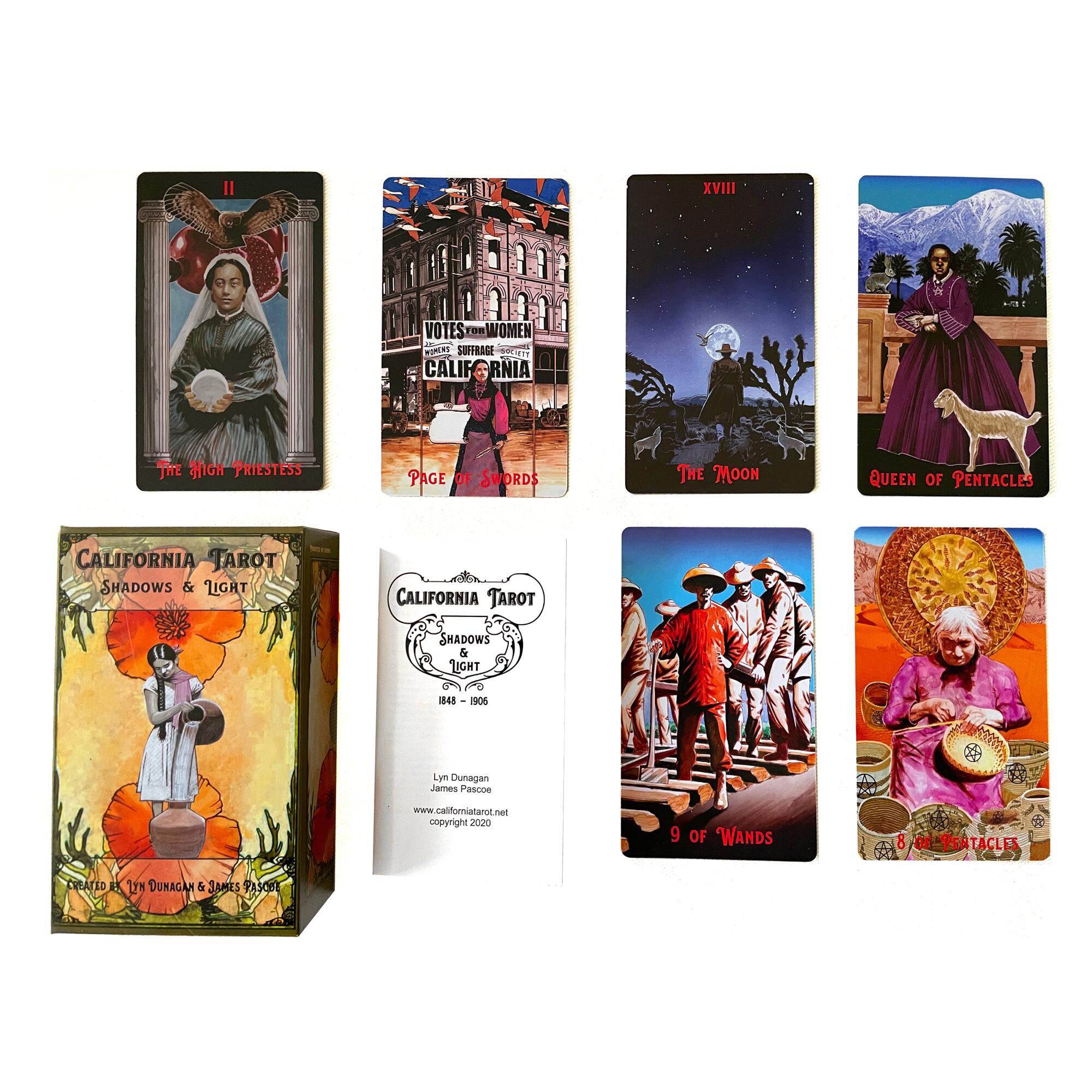 A deck of tarot cards with California-themed images.