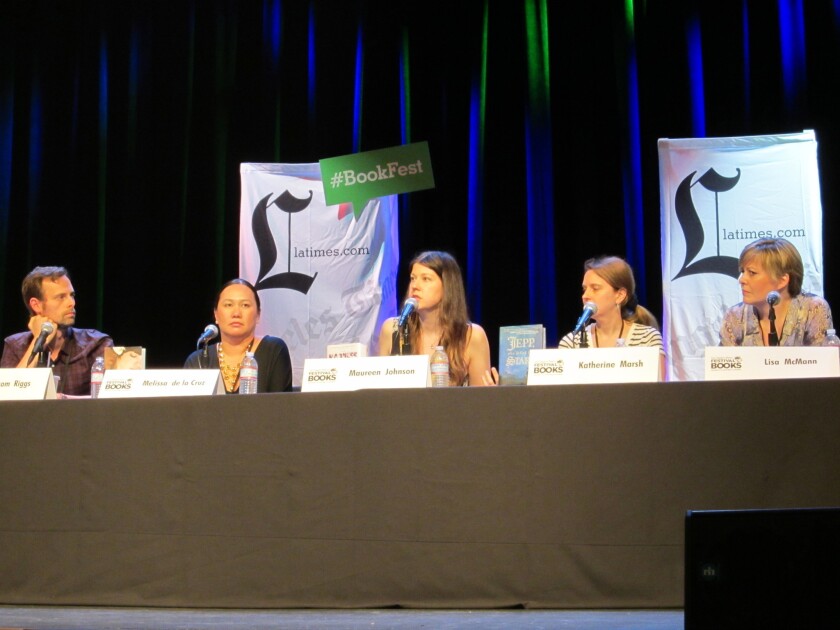 Authors, from left, Ranson Riggs, Melissa de la Cruz, Maureen Johnson, Katherine Marsh and Lisa McMann discussed the young-adult genre at the L.A. Times Festival of Books.