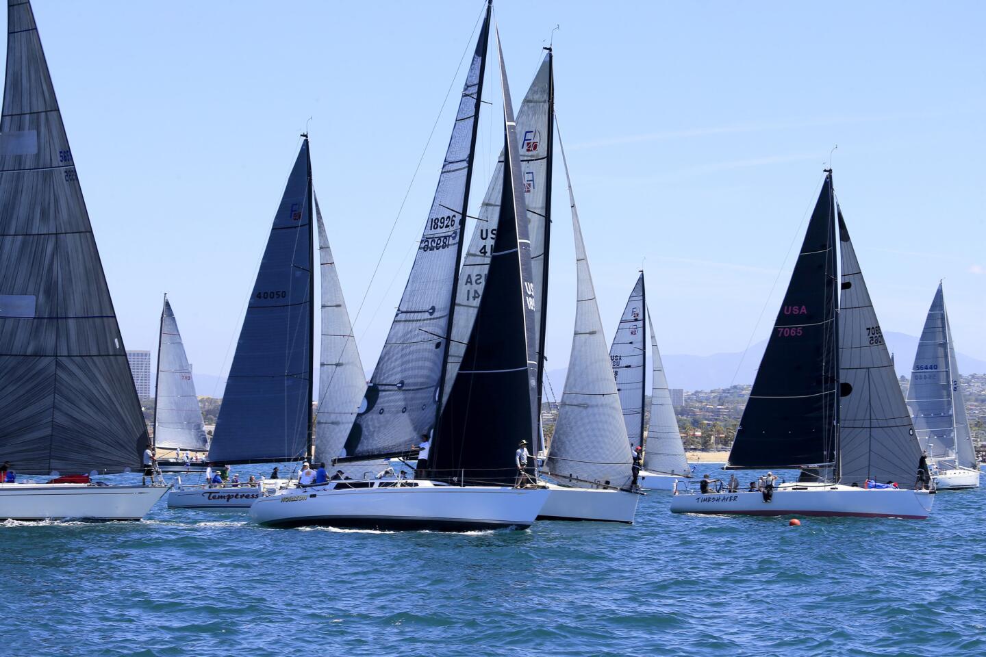 Sailors start the 69th annual Newport to Ensenada race in Newport Beach.