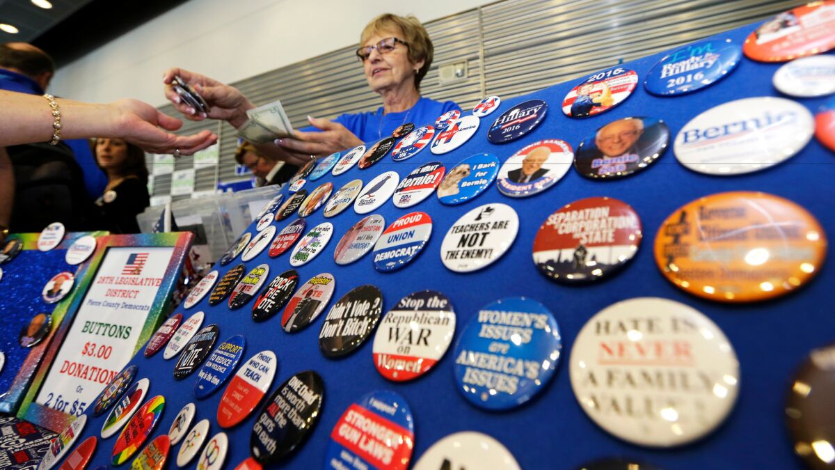 Campaign buttons for sale at the Washington state Democratic Convention in Tacoma last month.