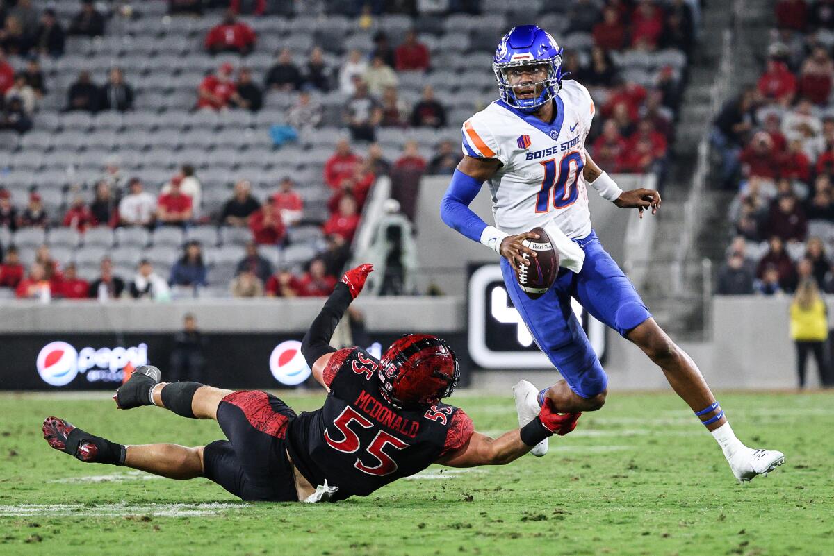 Boise State quarterback Taylen Green (10) looks to pass against San Diego State linebacker Cooper McDonald (55).