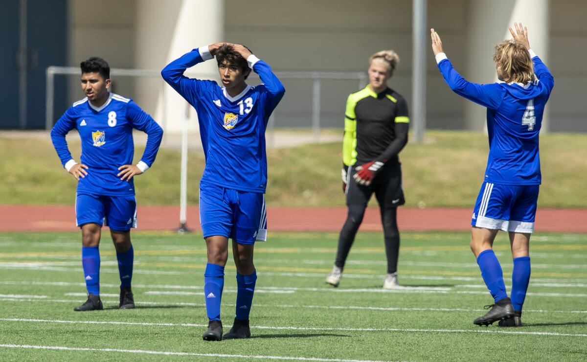 Fountain Valley's Andres Rodriguez, left, Myles Ponce, Connor Trapp and Cantor Wright react after an Edison goal.