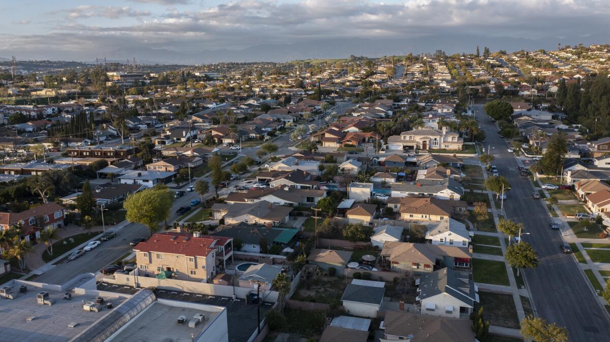 Aerial view of suburban housing in Montebello, Calif.