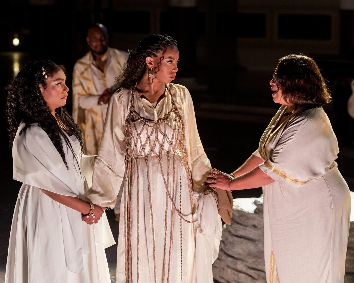 Ariana Burks as Ismene, Mark Spates Smith as Theseus, Aeriel Williams as Antigone, and Shari Addison as Choragos.