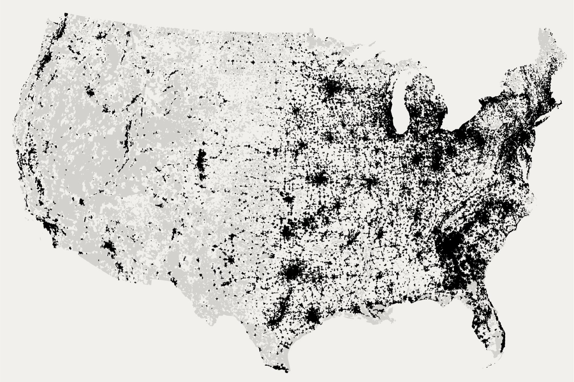 A map of the United States showing where it is possible to drive to a gun dealer in 10 minutes or less.