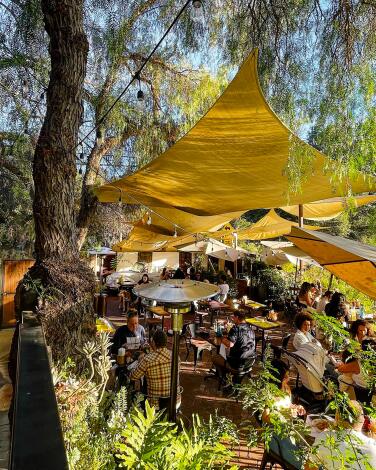 An outdoor dining space under tall trees at Cafe on 27 in Topanga.