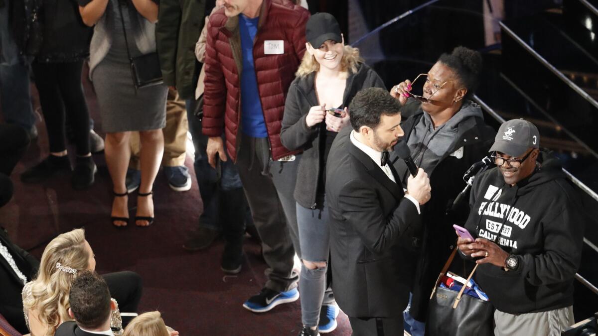 Jimmy Kimmel welcomes a visit from a Hollywood tour bus group during the telecast of the 89th Academy Awards in 2017.