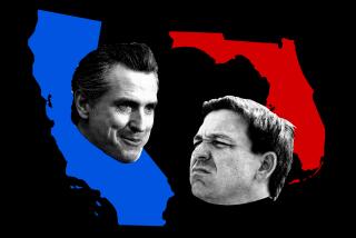 photo illustration of Gavin Newsom and Ron DeSantis, with blue and red California and Florida shapes