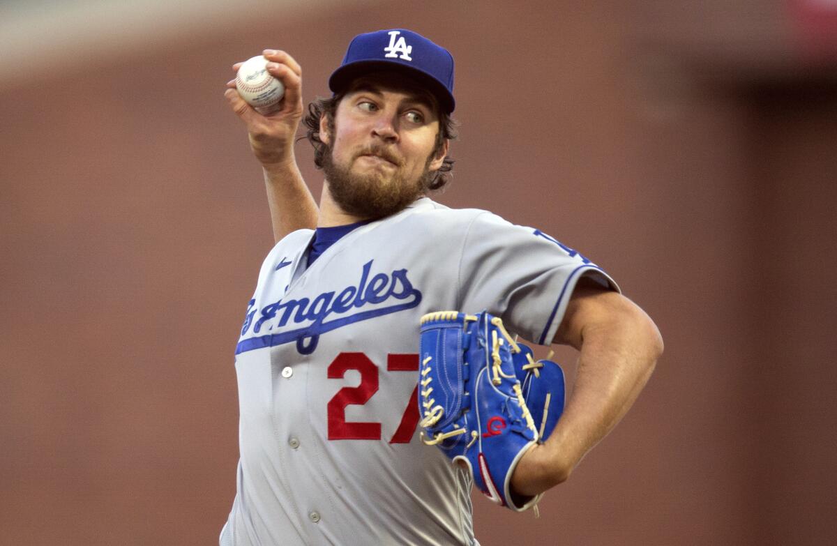 Trevor Bauer pitches for the Dodgers against the San Francisco Giants.