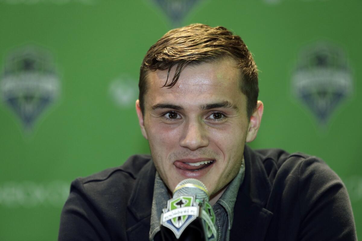 Jordan Morris speaks in Seattle on Jan. 21 after the Seattle Sounders announced his signing as a forward.