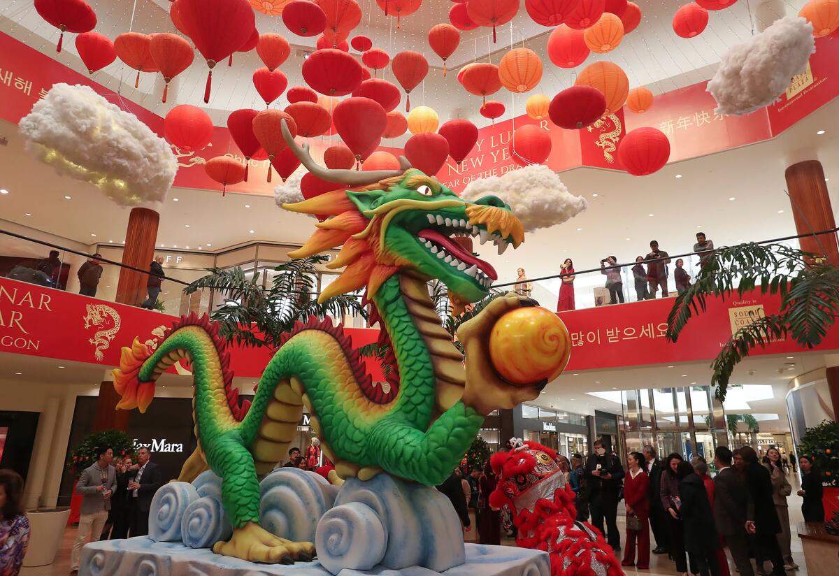 A centerpiece dragon display at South Coast Plaza's Jewel Court Lunar New Year celebration.