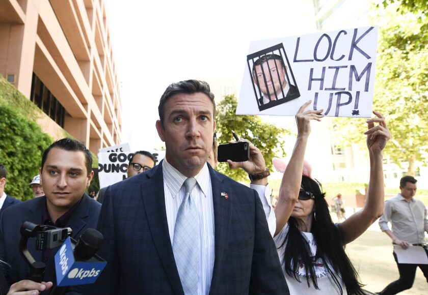 U.S. Rep. Duncan Hunter, R-Alpine, leaves federal court after a hearing, Monday, July 1, 2019, in San Diego. Hunter is charged with looting his own campaign cash to finance vacations, golf and other personal expenses, then trying to cover it up. The Republican congressman says he's the target of politically biased prosecutors.