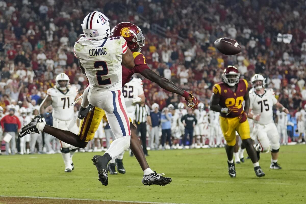 USC safety Calen Bullock breaks up a two-point conversion pass attempt intended for Arizona wide receiver Jacob Cowing.