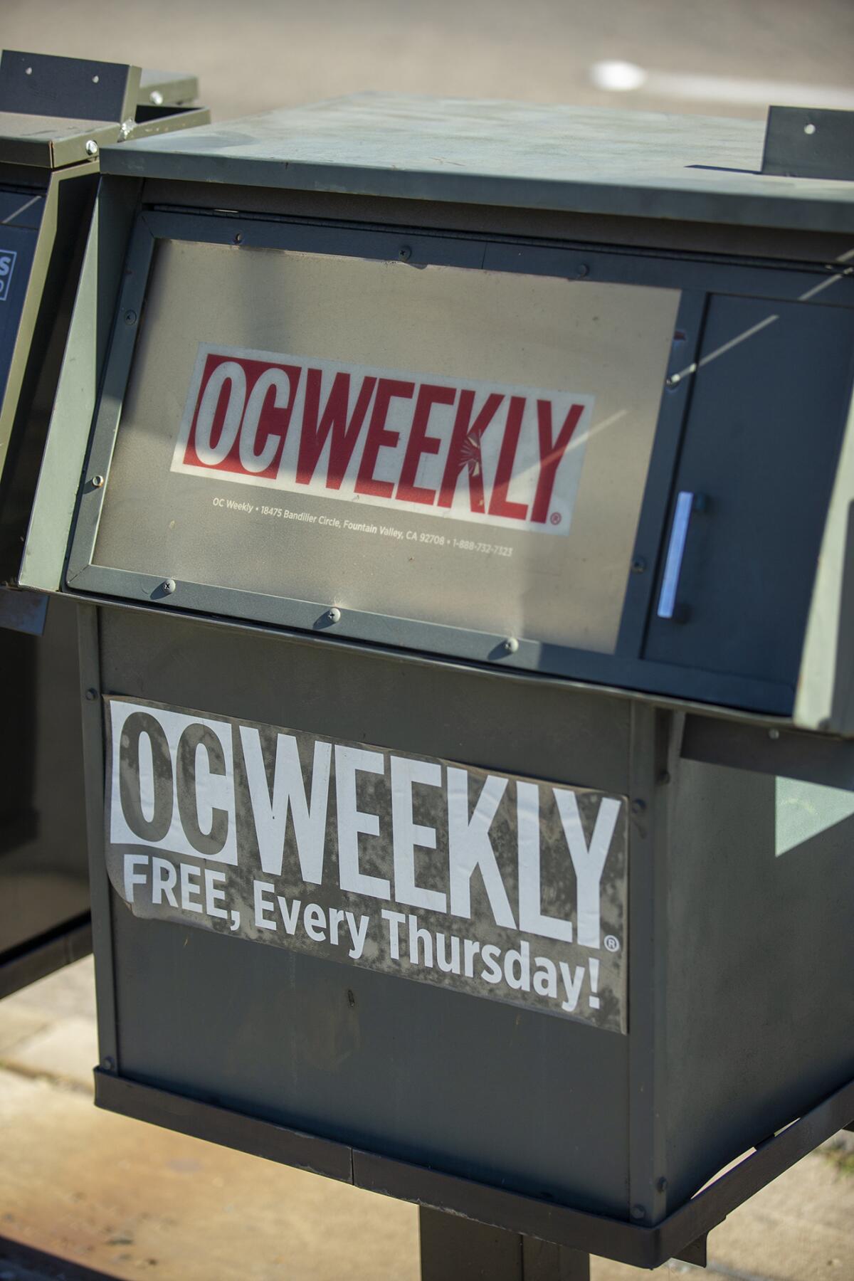 A rare OC Weekly street rack in Anaheim has remained empty since the newspaper's closure in late 2019.