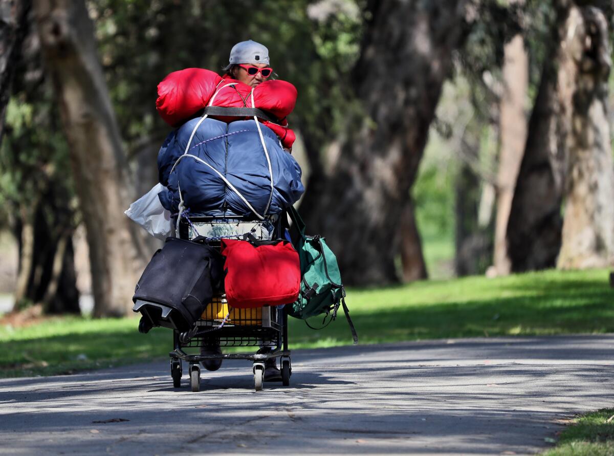 A homeless person pushes a cart full of his belongings at Huntington Central Park in March 2021.