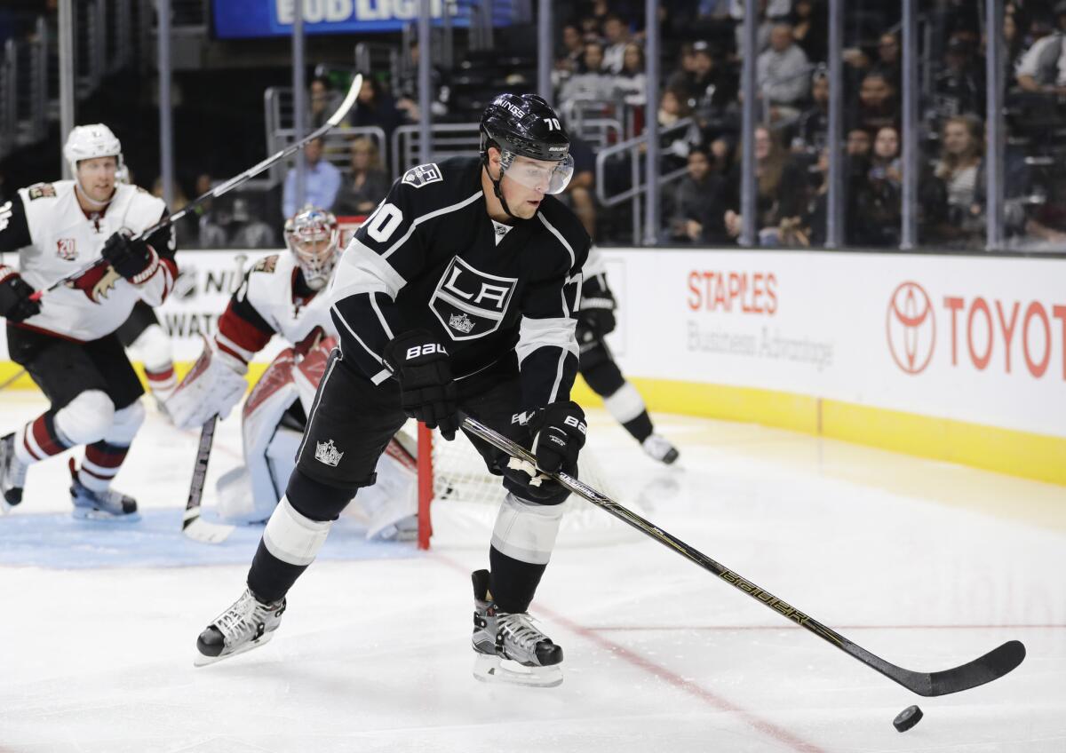 Forward Tanner Pearson moves the puck during a preseason game between the Kings and the Arizona Coyotes on Sept. 26.