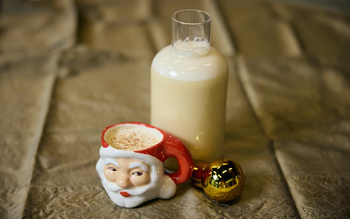A bottle of eggnog from Death & Co.'s eggnog recipe.