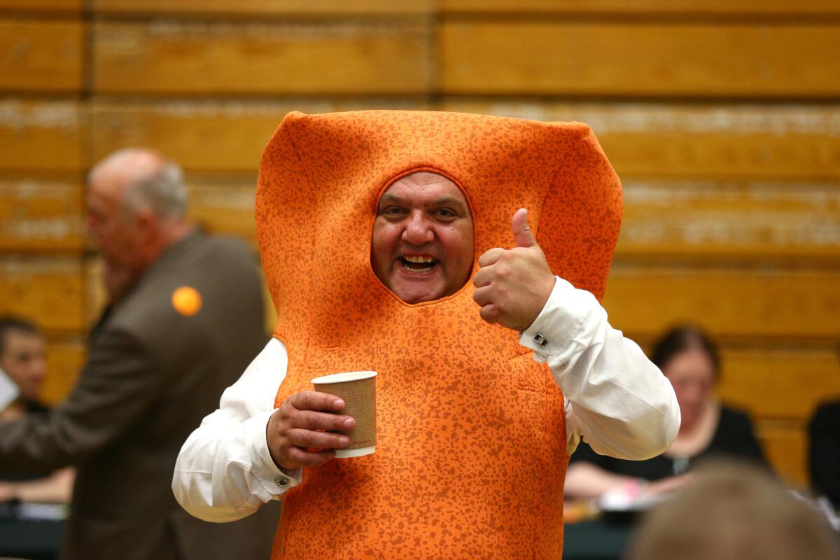 Local candidate Mr. Fishfinger waits as ballot papers are counted in Kendal. (Dave Thompson / Getty Images)