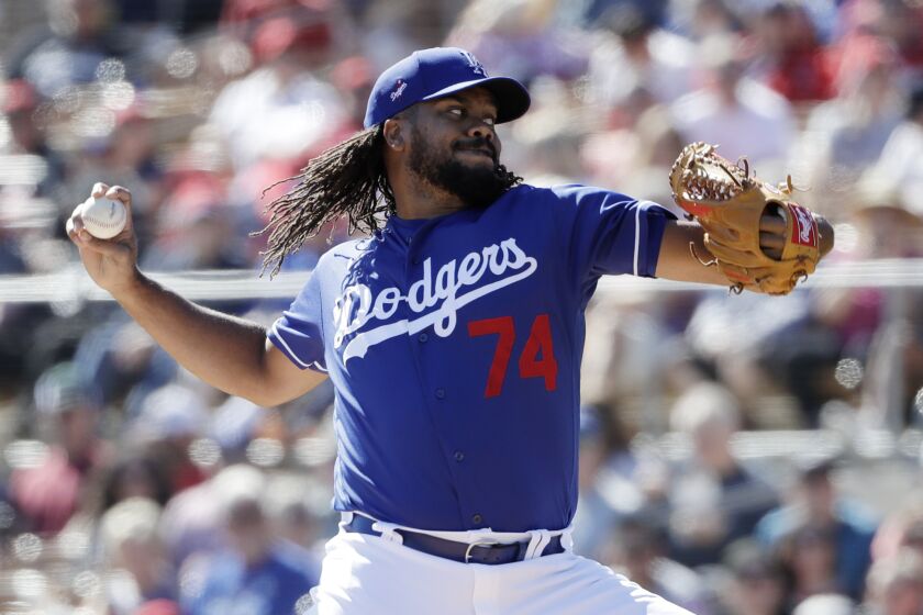 Los Angeles Dodgers relief pitcher Kenley Jansen works against a Los Angeles Angels batter during the second inning of a spring training baseball game Wednesday, Feb. 26, 2020, in Glendale, Ariz. (AP Photo/Gregory Bull)