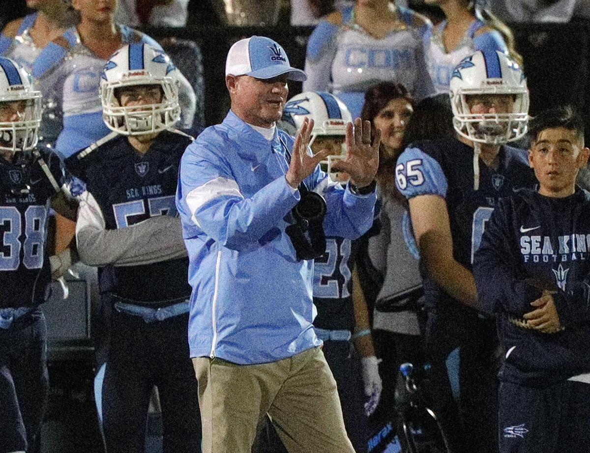 Corona del Mar High football coach Dan O'Shea, shown against Santiago on Nov. 8, led the Sea Kings to a perfect 16-0 season in 2019.