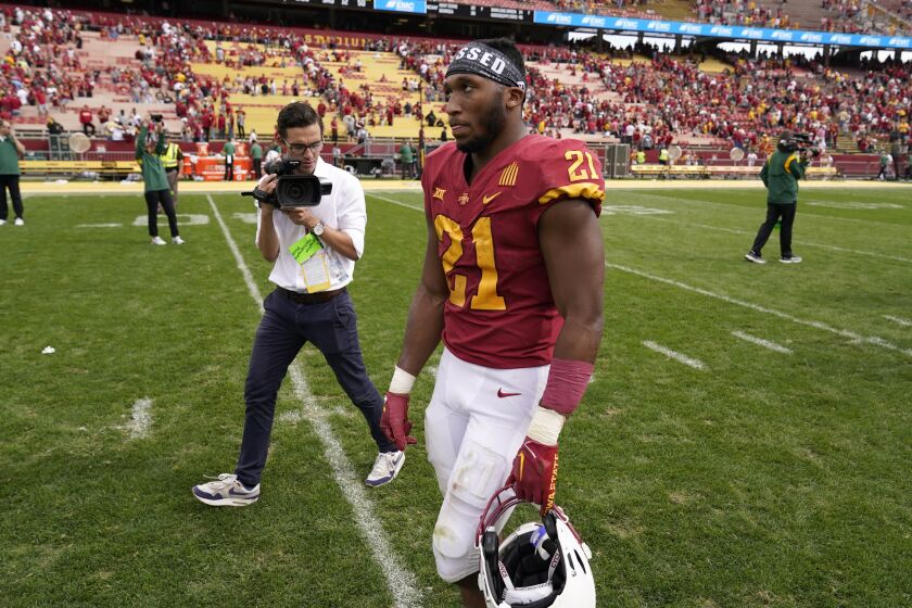 Iowa State running back Jirehl Brock (21) walks off the field after an NCAA college football game against Baylor, Saturday, Sept. 24, 2022, in Ames, Iowa. Baylor won 31-24. (AP Photo/Charlie Neibergall)