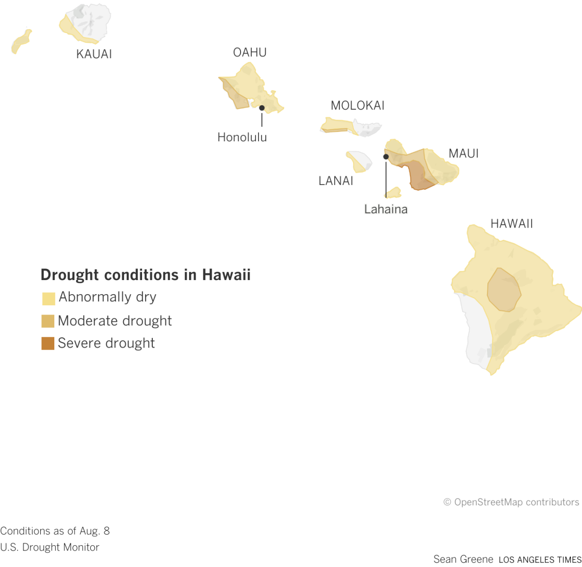 Map showing drought conditions on the Hawaiian islands, where large parts of western Maui is in severe and moderate drought.