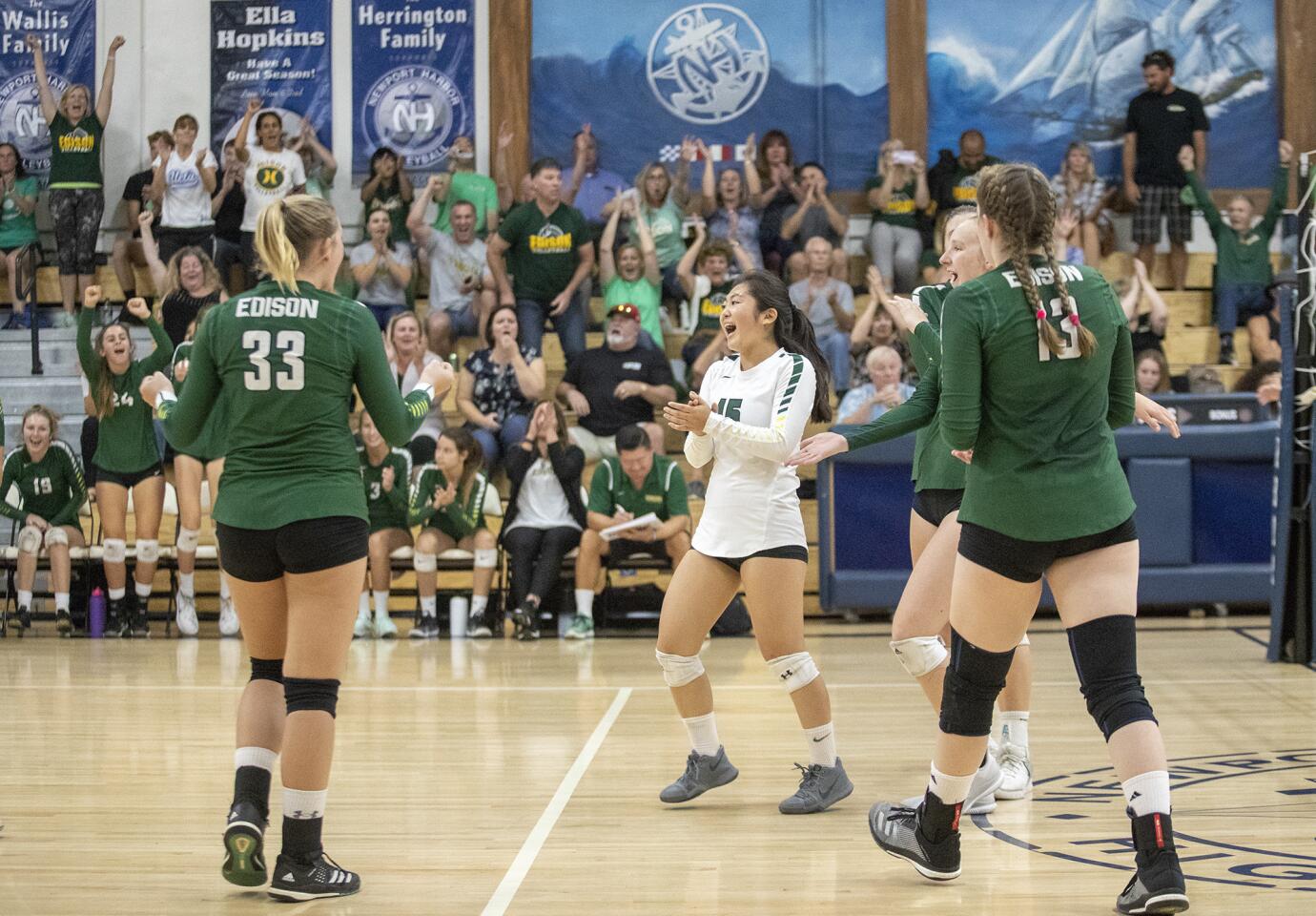 Edison celebrates after sweeping Newport Harbor 3-0 in a first round CIF Southern Section Division 2 playoff game on Thursday, October 18.