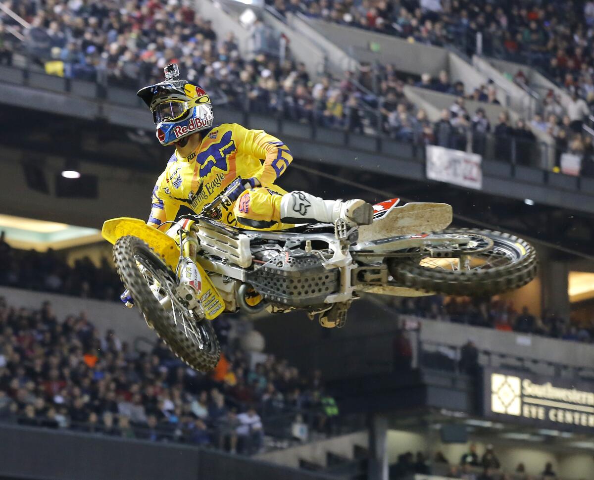 Ken Roczen, shown last week in Phoenix, won the supercross race at Angel Stadium on Saturday night.