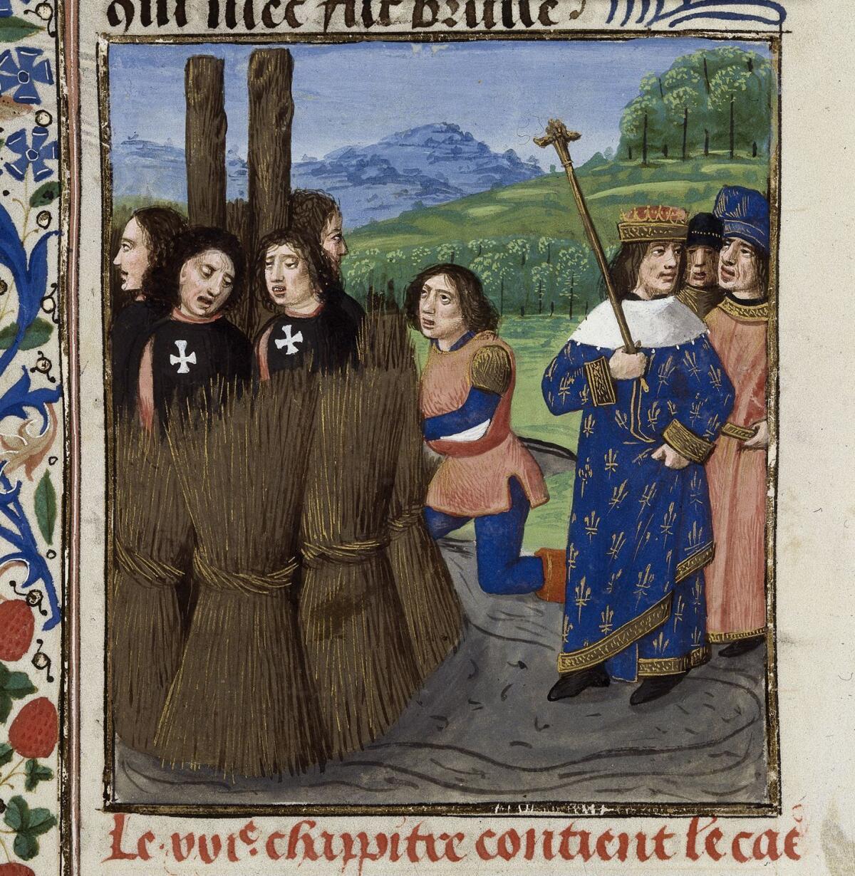 An image from Boccaccio's De Casibus Virorum Illustrium, or The Fall of Princes, shows Prince Philip IV of France ordering the burning of Knights Templar at the stake. (British Library)