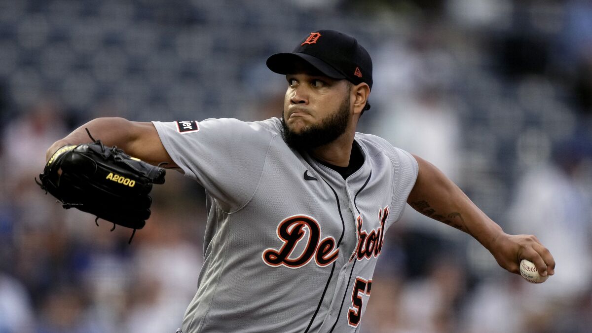 Detroit Tigers' Eduardo Rodríguez pitches against the Kansas City Royals on July 19, 2023, in  Kansas City, Mo.