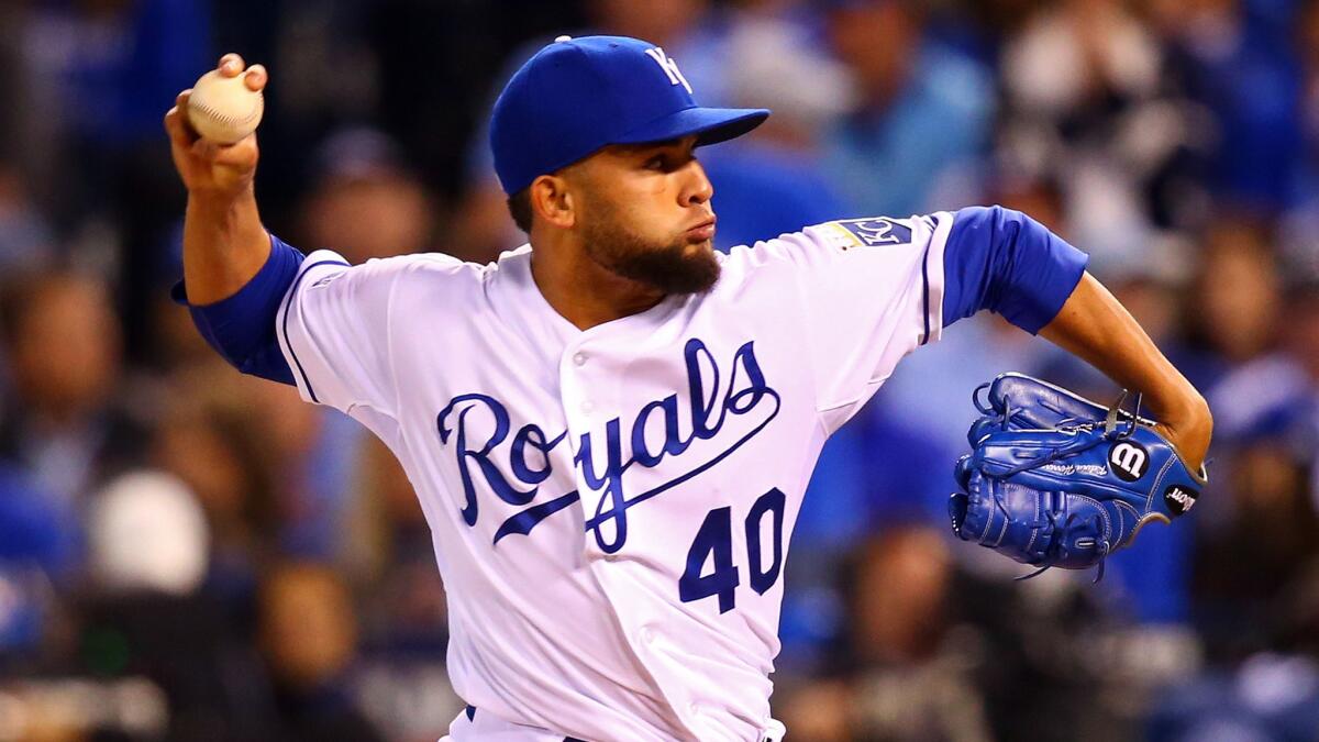 Kansas City Royals reliever Kelvin Herrera delivers a pitch during Game 2 of the World Series against the San Francisco Giants on Wednesday.