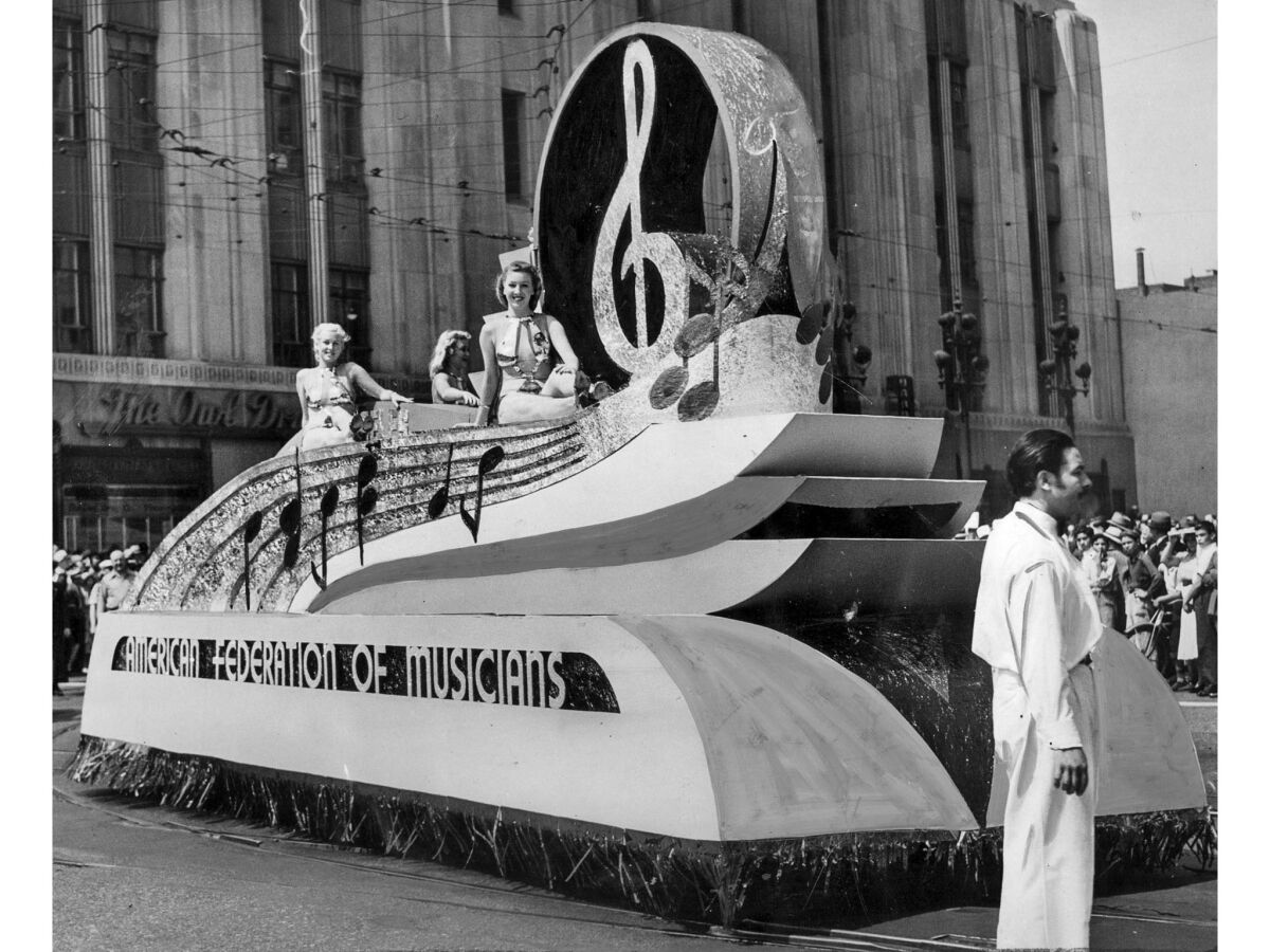 Sept. 5, 1938: A float sponsored by the American Federation of Musicians rolls along in the 1938 Labor Day parade. An estimated 70,000 people marched.