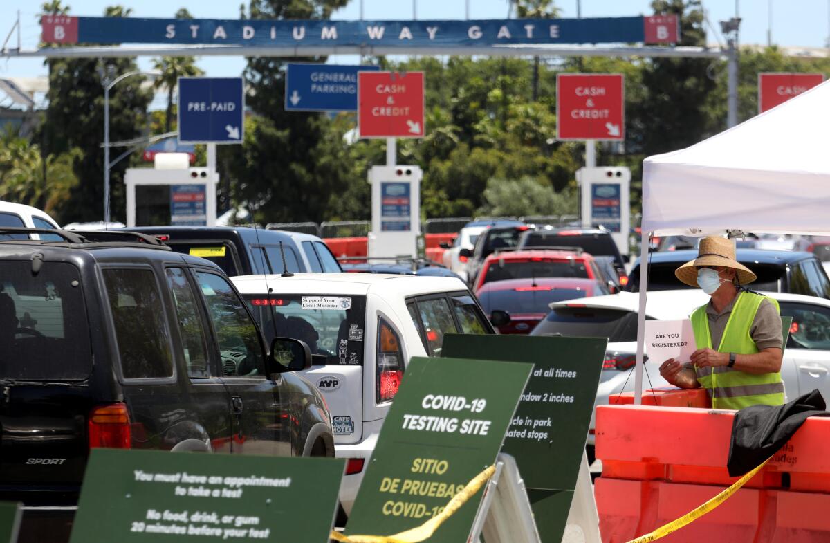 Traffic flows into the Dodger Stadium parking lot for drive-up COVID-19 testing.