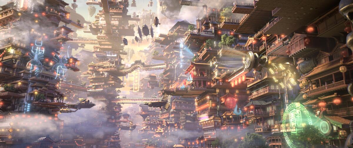 An animation still of a futuristic city with steampunk and Chinese mythic influences.