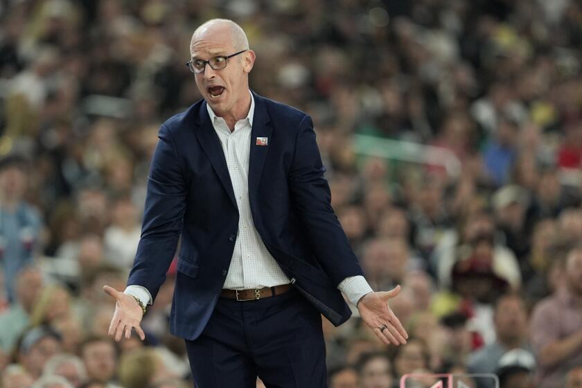UConn head coach Dan Hurley watches during the first half of the NCAA college basketball game against Alabama at the Final Four, Saturday, April 6, 2024, in Glendale, Ariz. (AP Photo/David J. Phillip)