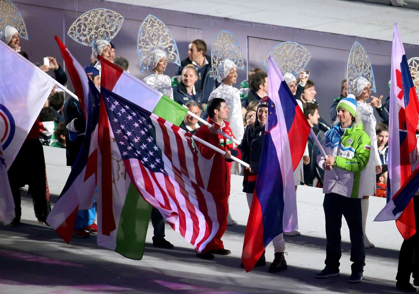 Athletes enter Fisht Olympic Stadium during the 2014 Sochi Winter Olympics Closing Ceremony.