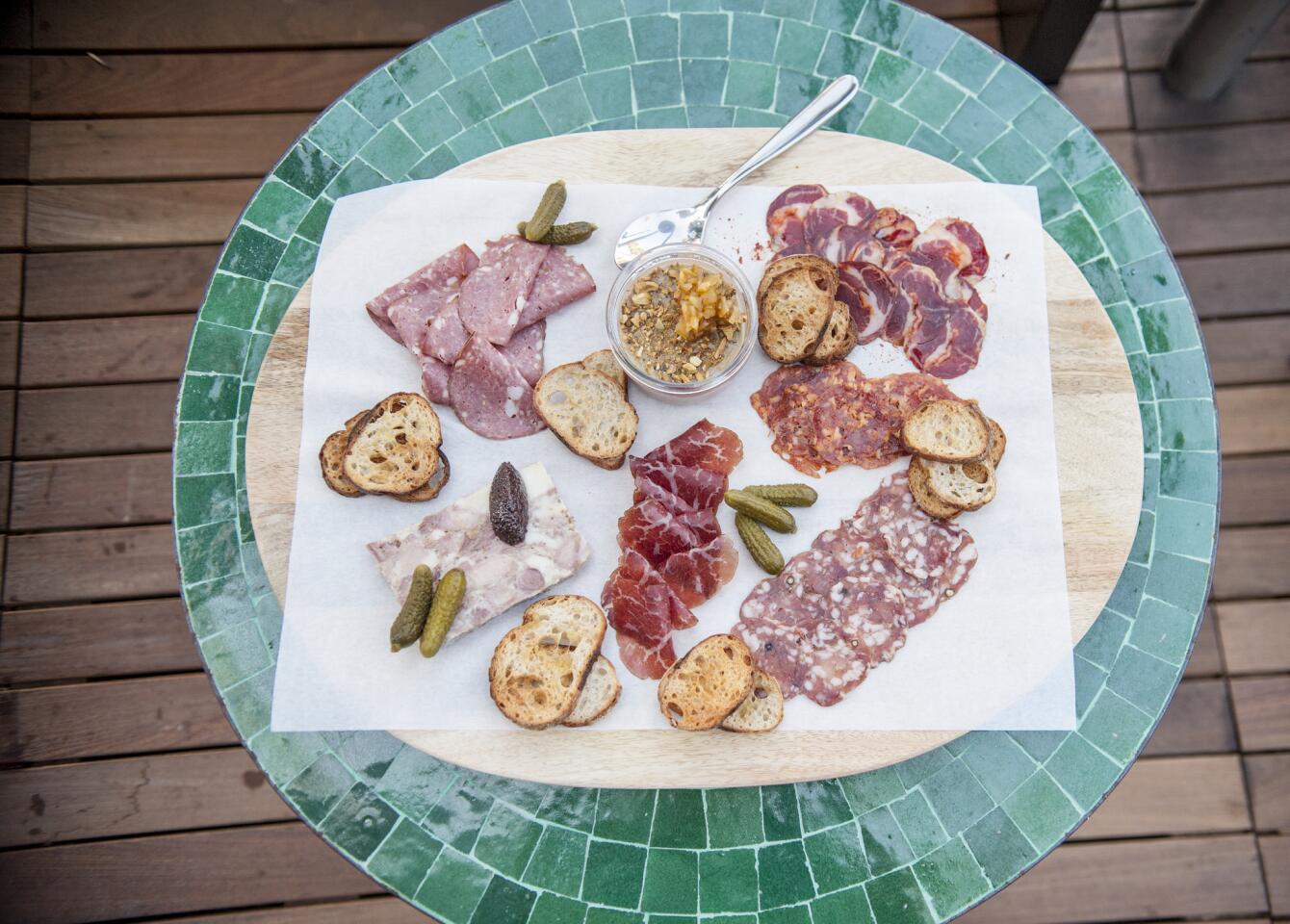 Charcuterie platter at Esters Wine Bar & Shop in Santa Monica includes cured meats from small, artisanal producers across the country picked by Rustic Canyon chef Jeremy Fox, who does the food for the wine bar.