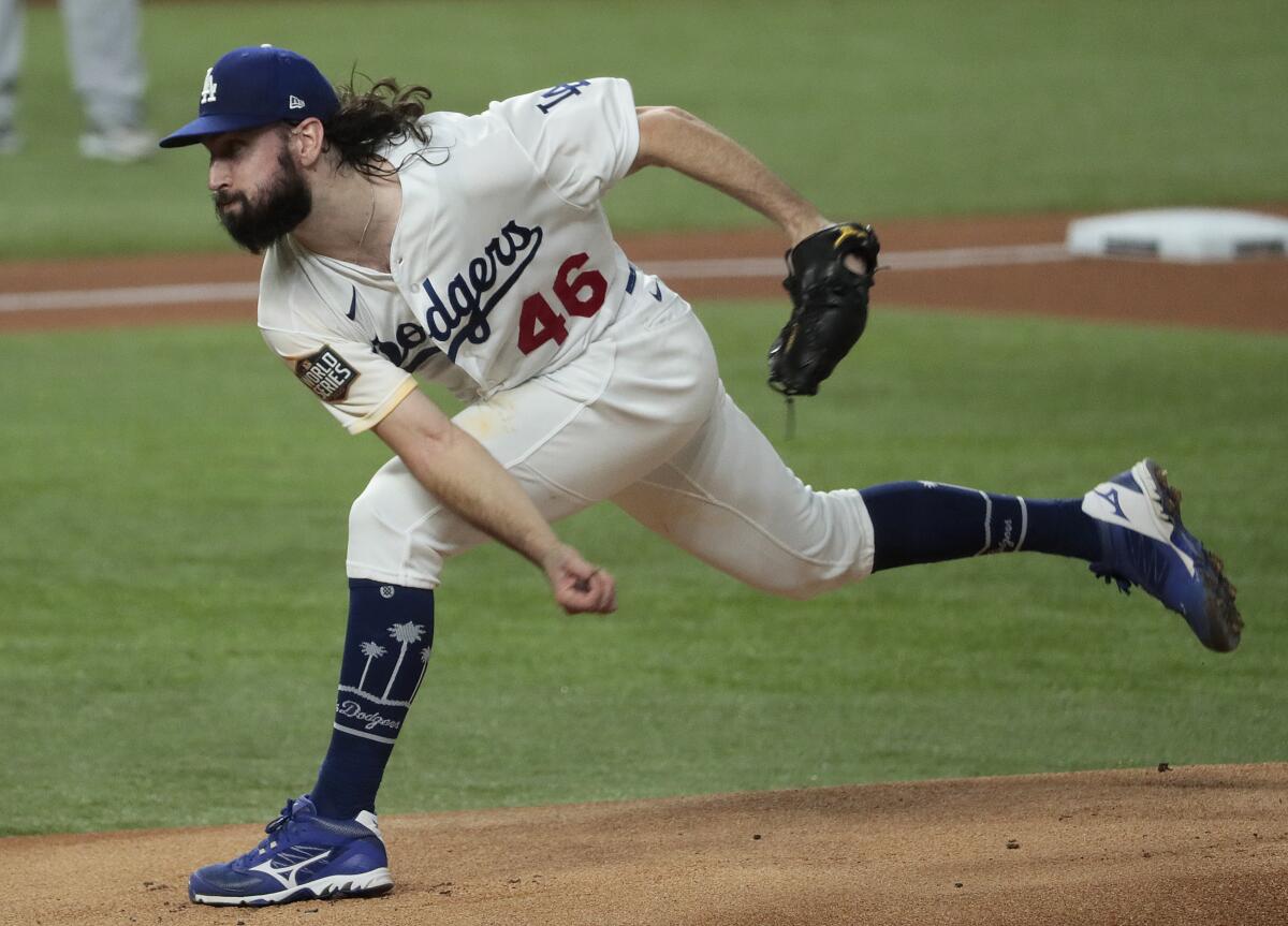 Dodgers' Tony Gonsolin pitches against the Tampa Bay Rays in Game 2 of the World Series at Globe Life Field. 