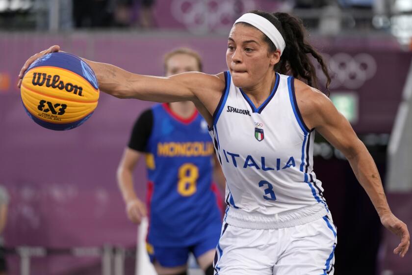 Italy's Raelin D'Alie in action during a women's 3-on-3 basketball game.