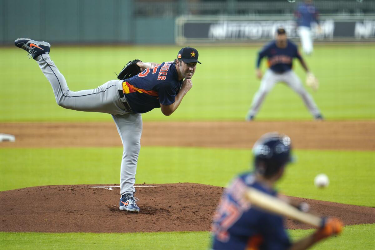 Houston Astros starting pitcher Justin Verlander throws during a simulated game on July 9.