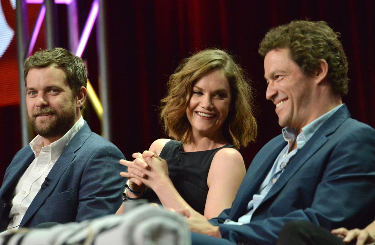 From left, Joshua Jackson, Ruth Wilson and Dominic West discuss "The Affair" on Friday at the Television Critics Assn. press tour at the Beverly Hilton Hotel.