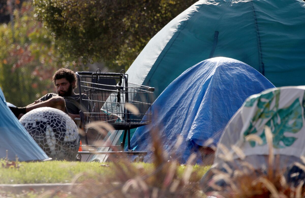 A homeless encampment has been established in the median of Venice Boulevard in Venice Beach.