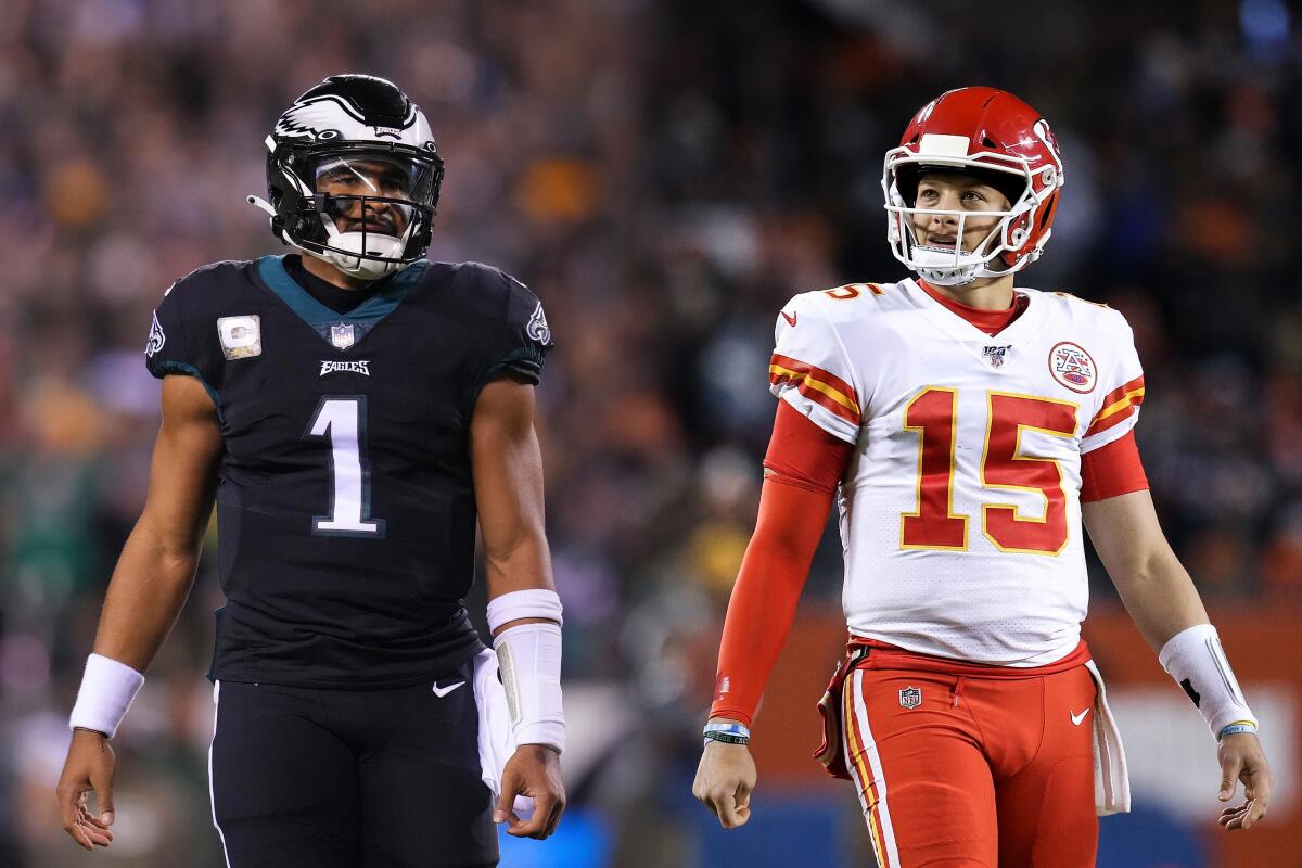 Philadelphia Eagles' Jalen Hurts and Kansas City Chiefs' Patrick Mahomes standing side by side in uniform.