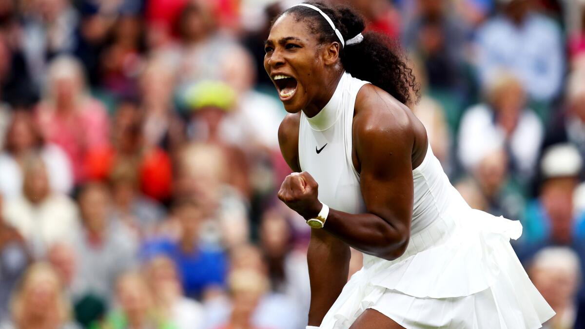 Serena Williams reacts after defeating Christina McHale at Wimbledon on Friday.
